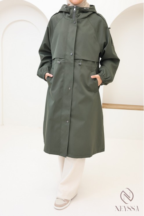 Long women's coat in chic khaki parka style, rainy weather