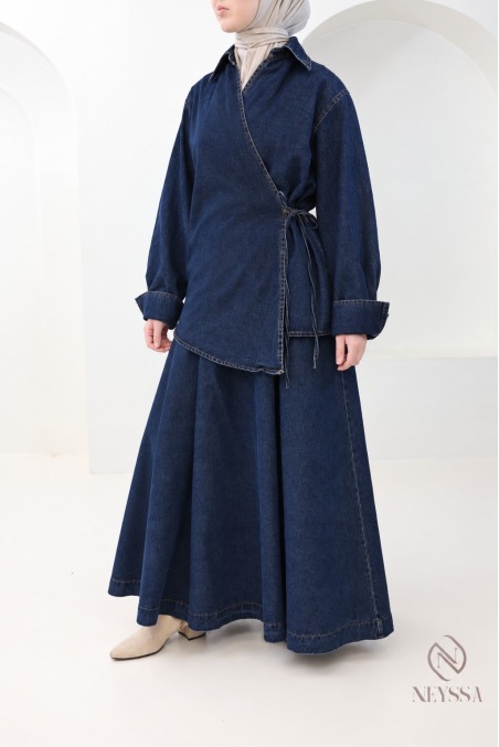 Long flared skirt + denim kimono top set