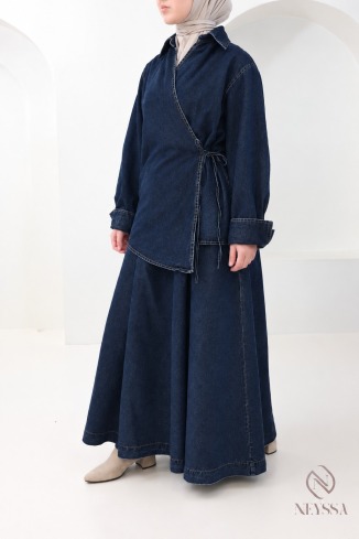 Long flared skirt + denim kimono top set 2