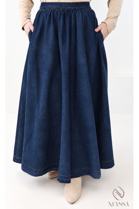 Long flared skirt + denim kimono top set