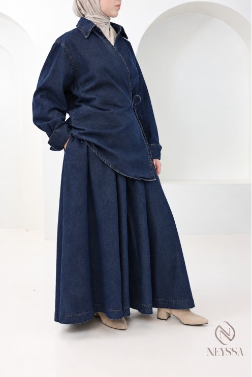 Long flared skirt + denim kimono top set