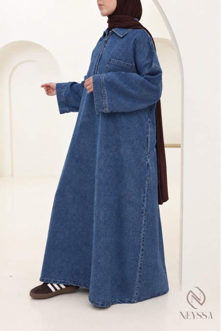 Robe en jean style col polo chemise avec zip, 100% coton