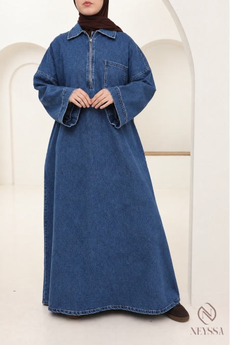 Robe en jean style col polo chemise avec zip, 100% coton