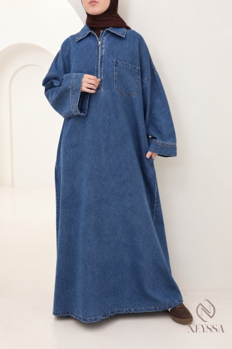 Jeanskleid im Hemd-Polo-Stil mit Reissverschluss, 100 % Baumwolle
