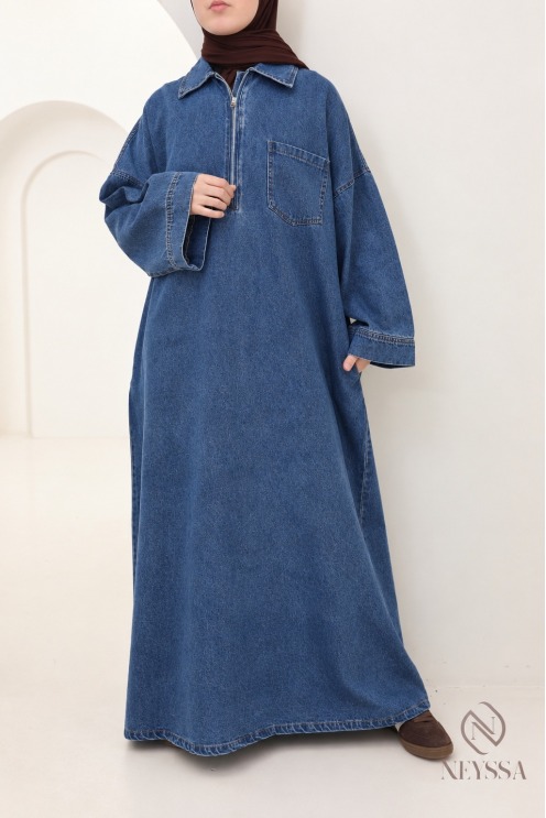 Robe en jean style col polo chemise avec zip, 100% coton