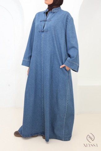 100% cotton long denim dress with a high neckline in Japanese kimono