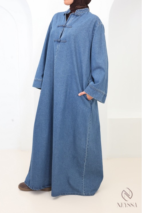 Robe jean longue 100% coton col montant style kimono japonais