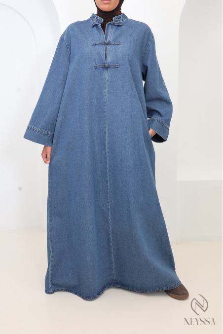 100% cotton long denim dress with a high neckline in Japanese kimono