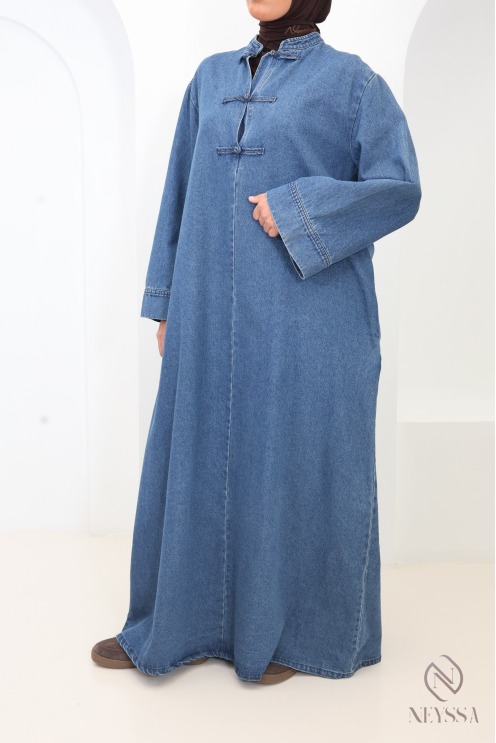 100% cotton long denim dress with a high neckline in Japanese kimono
