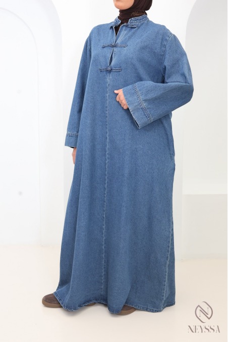 100% cotton long denim dress with a high neckline in Japanese kimono