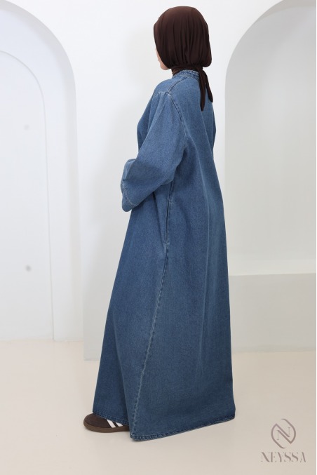 100% cotton long denim dress with a high neckline in Japanese kimono