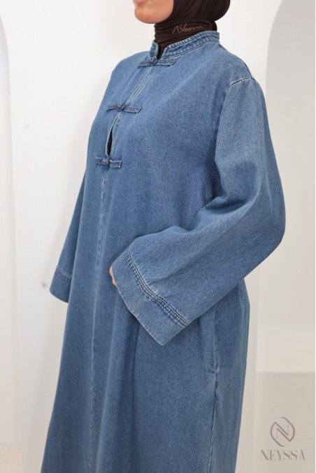 100% cotton long denim dress with a high neckline in Japanese kimono
