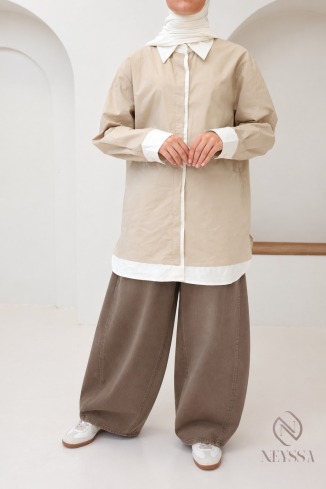 Chemise mi longue Bicolore en coton pour femme hijabi tendance 2