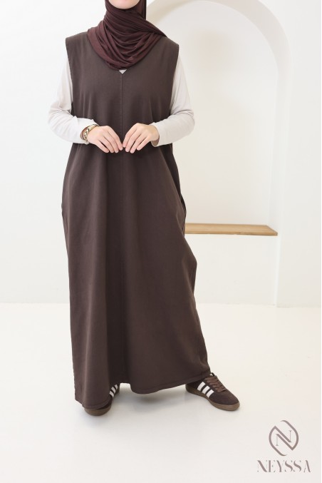 Langes Jeanskleid mit V-Ausschnitt aus 100 % Baumwolle, Braun