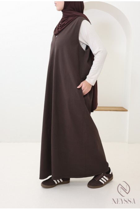 Robe longue en jean col v 100% coton, marron tendance
