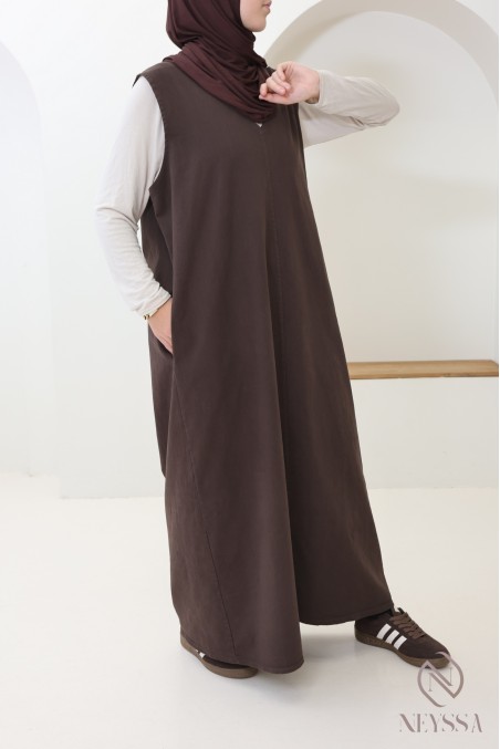 Langes Jeanskleid mit V-Ausschnitt aus 100 % Baumwolle, Braun