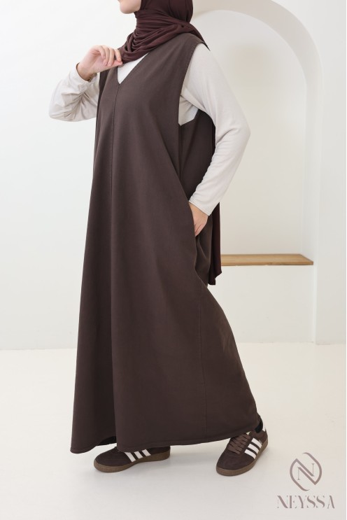 Langes Jeanskleid mit V-Ausschnitt aus 100 % Baumwolle, Braun