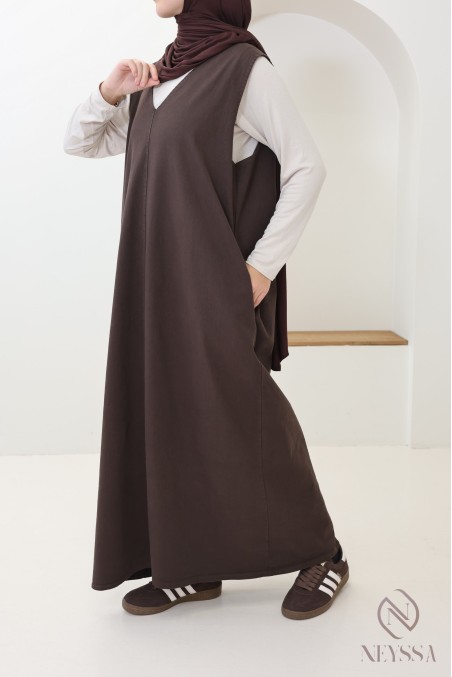 Langes Jeanskleid mit V-Ausschnitt aus 100 % Baumwolle, Braun