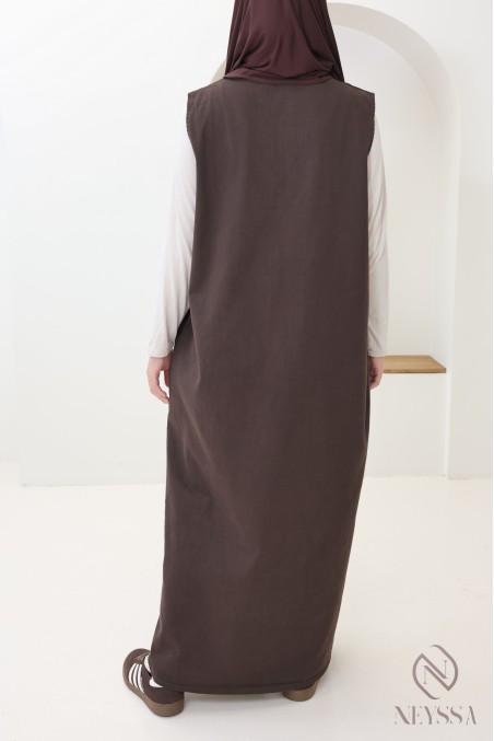 Robe longue en jean col v 100% coton, marron tendance