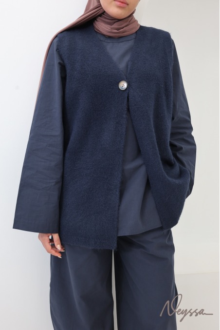 Gilet effet laine sans manches col V bleu nuit
