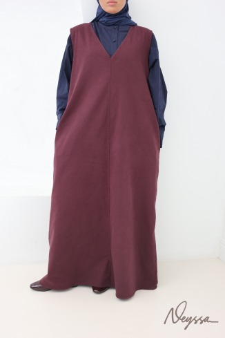 Trendy long burgundy denim dress with a V-neck, 100% 2