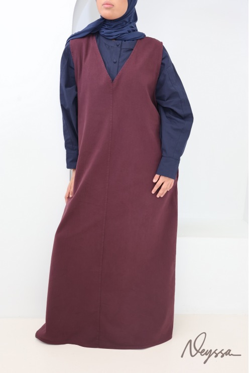 Trendiges, langes, burgunderrotes Jeanskleid mit V-Ausschnitt, 100 %