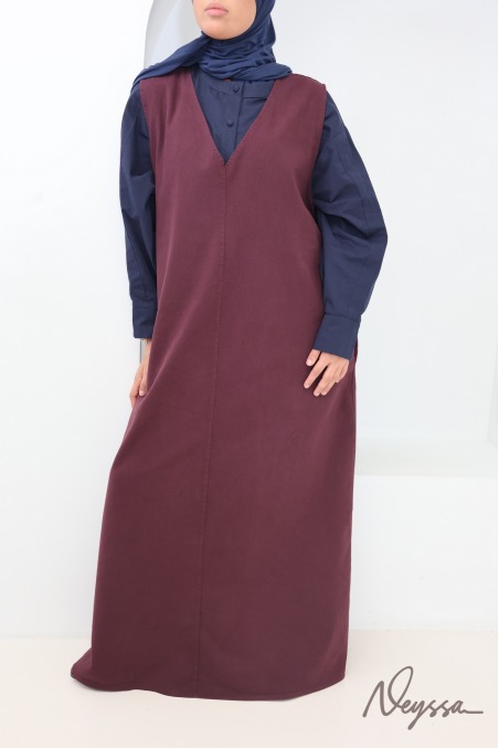 Trendy long burgundy denim dress with a V-neck, 100%