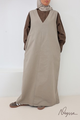 Taupe Sleeveless Denim Dress, 100% Cotton