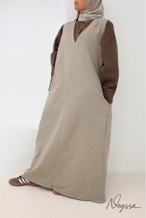 Taupe Sleeveless Denim Dress, 100% Cotton