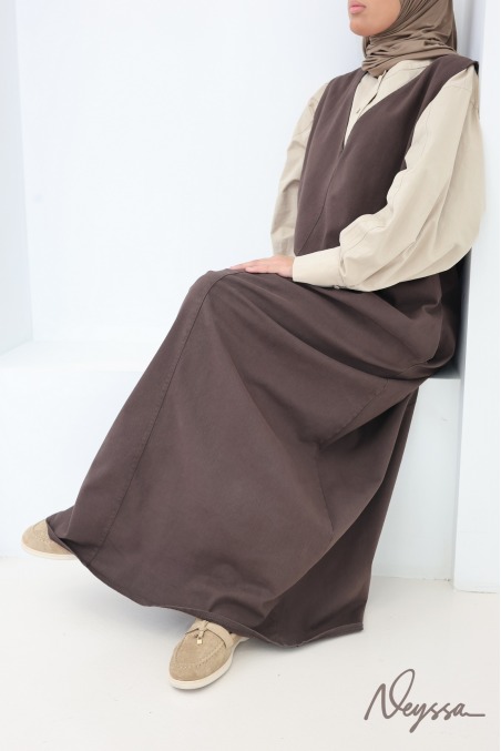 Long denim dress with a V-neck, 100% cotton, trendy brown