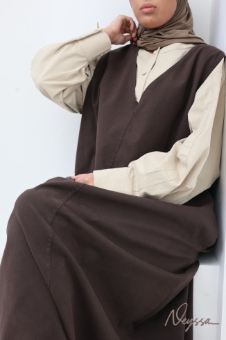 Long denim dress with a V-neck, 100% cotton, trendy brown 2