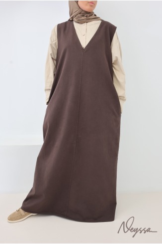 Robe longue en jean col v 100% coton, marron tendance