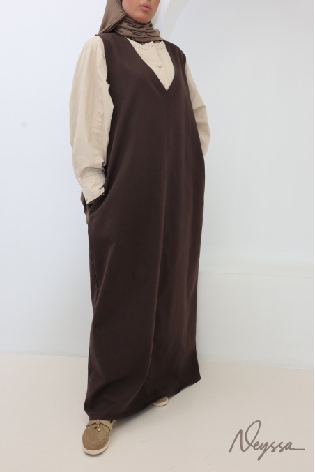 Langes Jeanskleid mit V-Ausschnitt aus 100 % Baumwolle, Braun