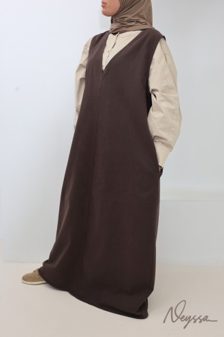 Long denim dress with a V-neck, 100% cotton, trendy brown