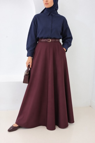 Burgundy long flared skirt, trendy suit-style fabric