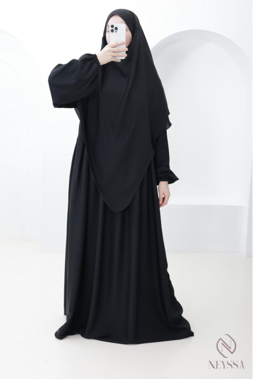 Set aus Abaya mit Brusttasche + langem spitzen Khimar