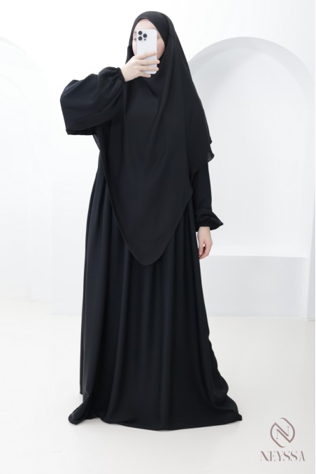 Ensemble abaya poche sur le buste + khimar long pointe, soie de Nidah
