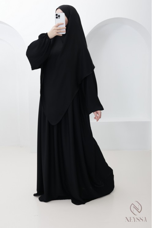 Ensemble abaya poche sur le buste + khimar long pointe, soie de Nidah