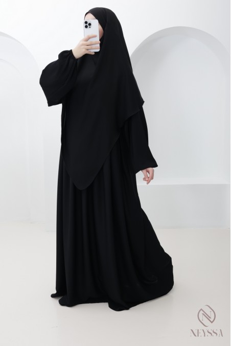 Ensemble abaya poche sur le buste + khimar long pointe, soie de Nidah