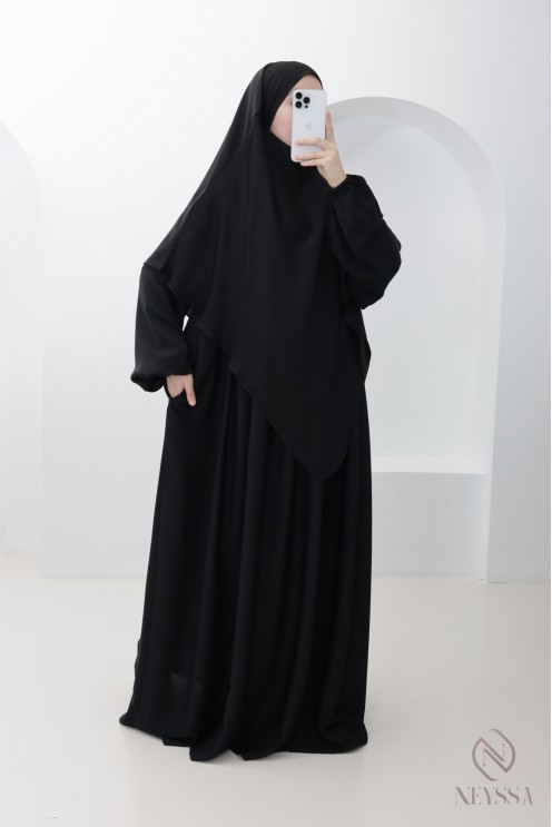 Ensemble abaya poche sur le buste + khimar long pointe, soie de Nidah