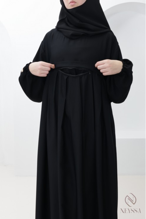 Ensemble abaya poche sur le buste + khimar long pointe, soie de Nidah