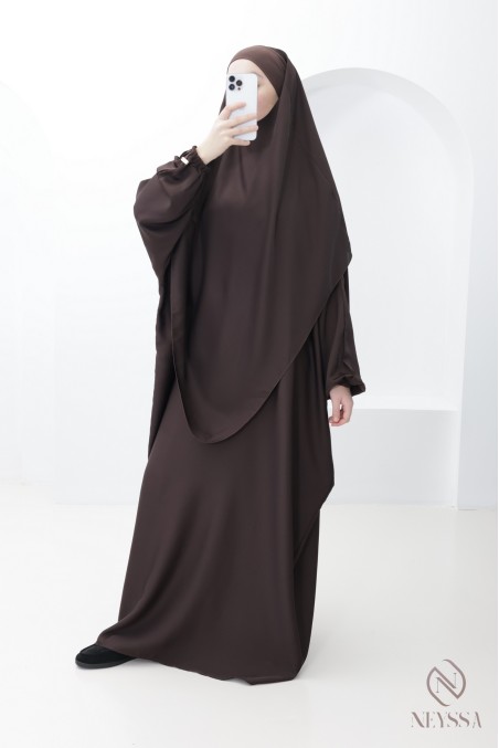 Loose-fitting brown women's abaya khimar with pocket Special for Umrah
