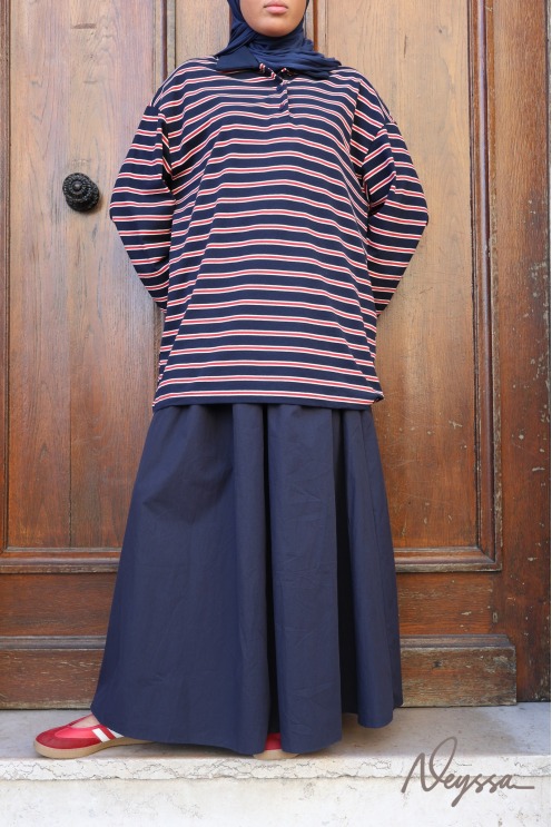 Women’s oversized striped jumper, 95% cotton, polo neck