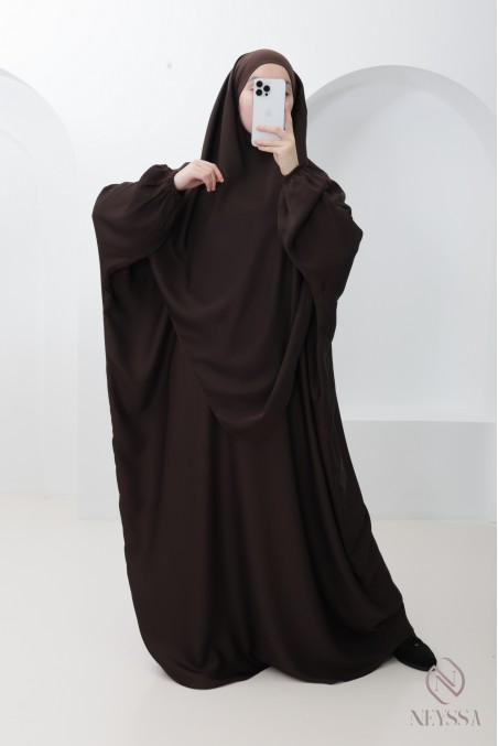 Loose-fitting brown women's abaya khimar with pocket Special for Umrah