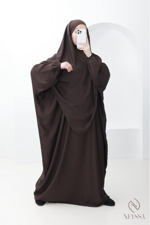 Abaya khimar marron femme ample avec poche Spécial Omra & Hajj