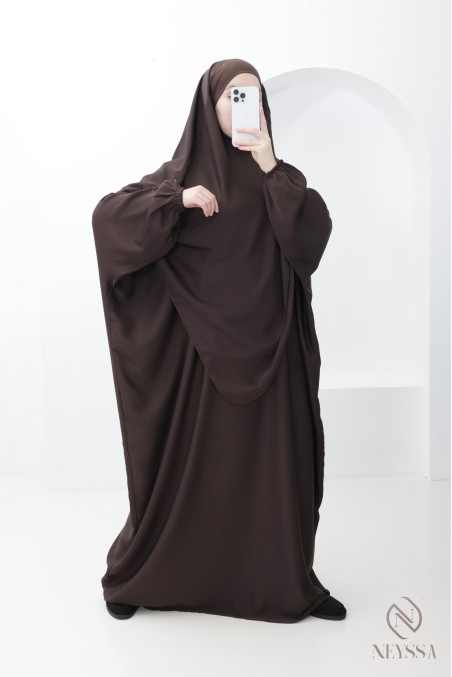 Abaya khimar marron femme ample avec poche Spécial Omra & Hajj