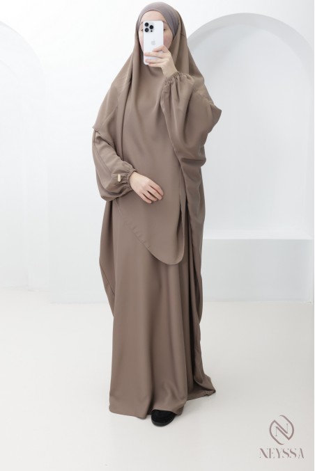 Taupe abaya + khimar set with pocket for hijabi women performing Umrah