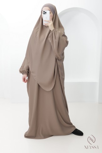 Ensemble abaya + khimar taupe avec poche pour femme hijabi omra