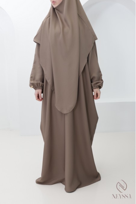 Ensemble abaya + khimar taupe avec poche pour femme hijabi omra