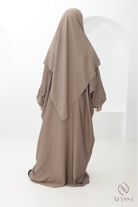 Taupe abaya + khimar set with pocket for hijabi women performing Umrah